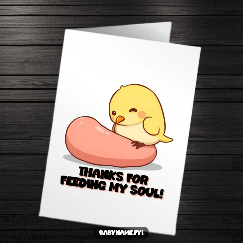 Funny Free Printable Thank You Card depicting a plump baby bird enthusiastically pecking at a comically large worm.