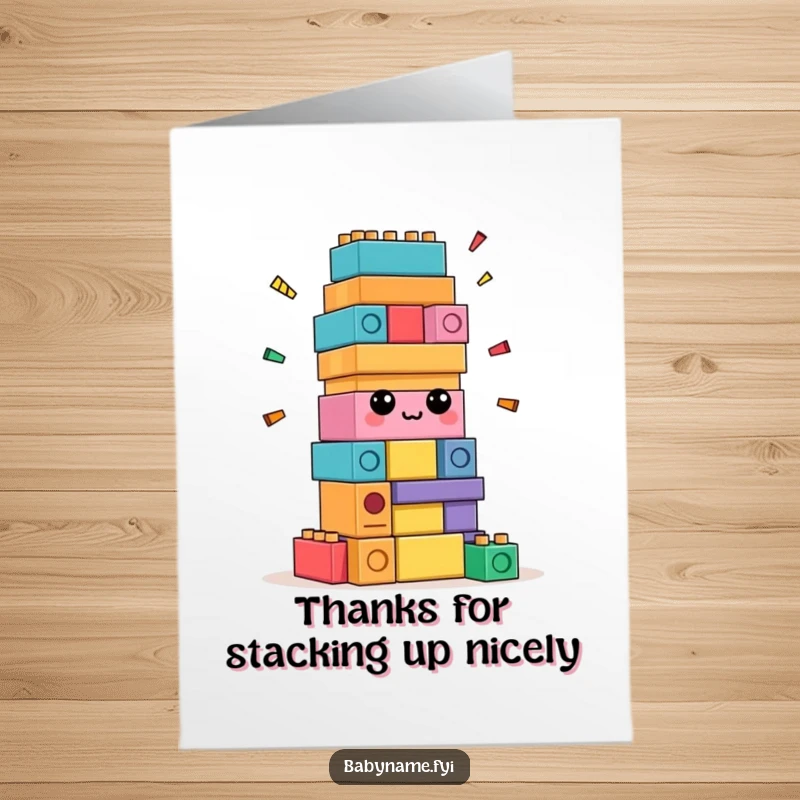 Funny Free Printable Thank You Card: Confused stack of colorful blocks hilariously tries to build itself, saying thanks.