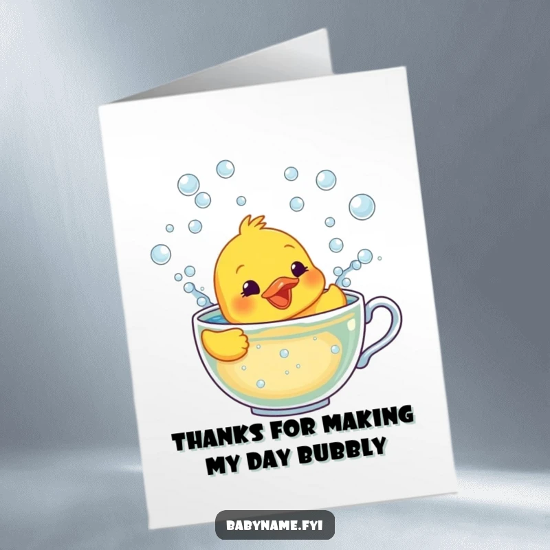 Funny Free Printable Thank You Card: A smiling rubber ducky paddling frantically in a teacup packed with bubbly water.