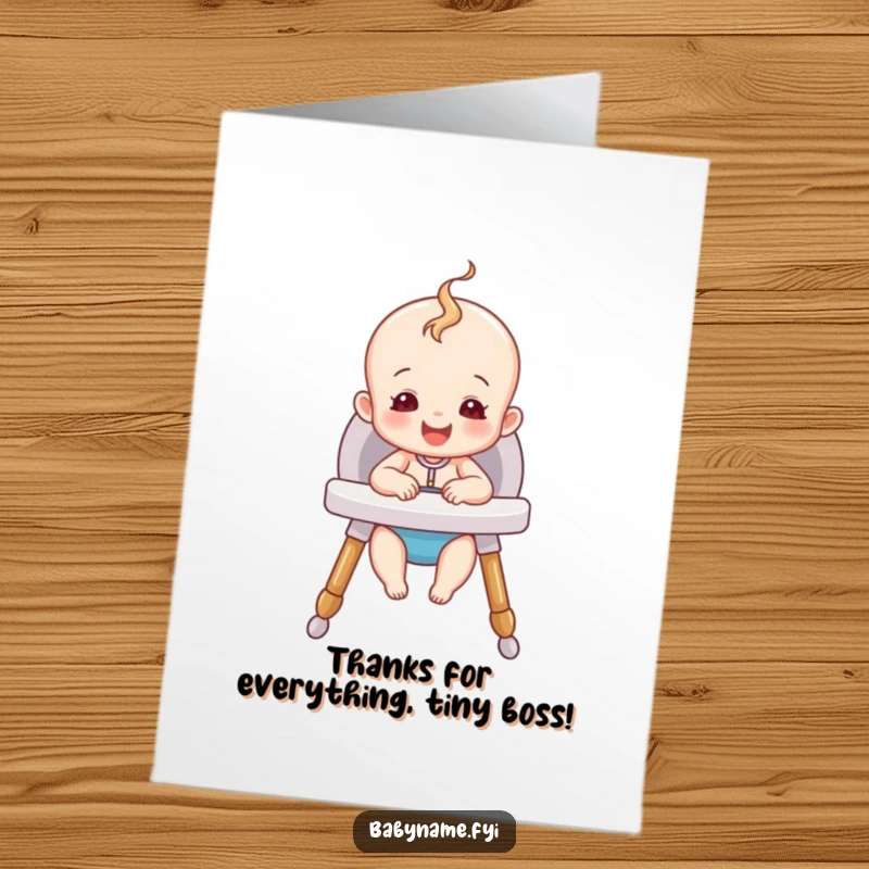 Funny Free Printable Baby Thank You Card: A happy baby character in a cozy high chair sending thanks with a cheerful expression.