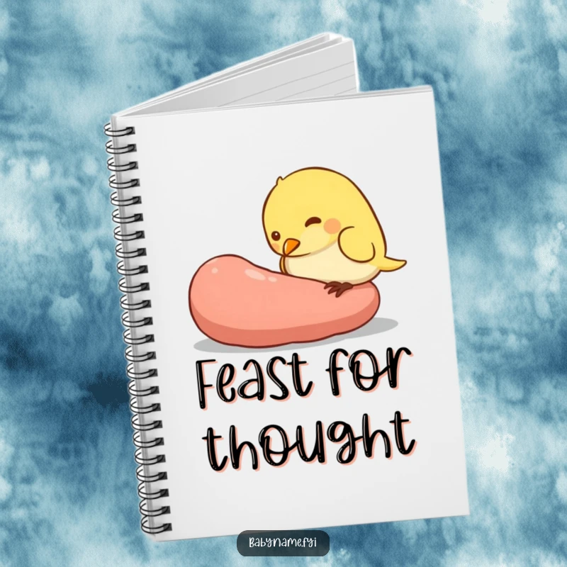 Funny notebook cover illustration of a plump baby bird character pecking at a giant worm, ideal for note-taking and daily journaling.