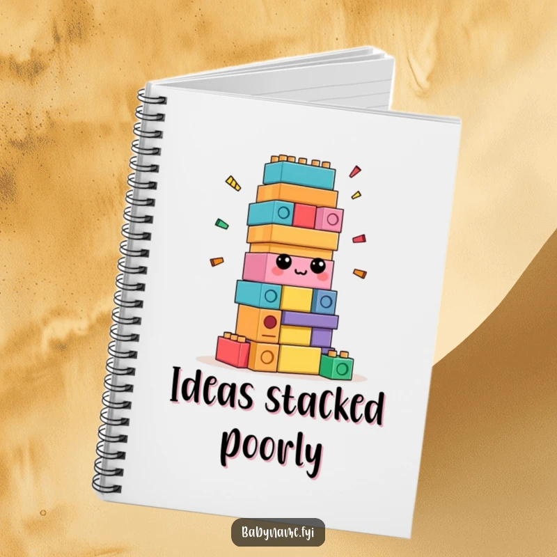 Funny confused building blocks notebook, journal with blocks trying to build themselves, encouraging playful thought.