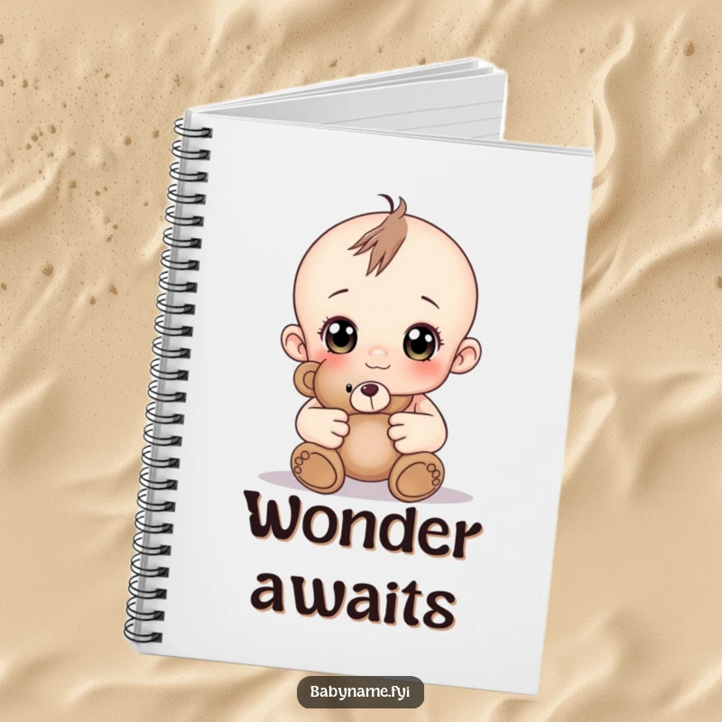 Funny baby with wide, curious eyes holding a teddy bear, a cute and funny notebook.