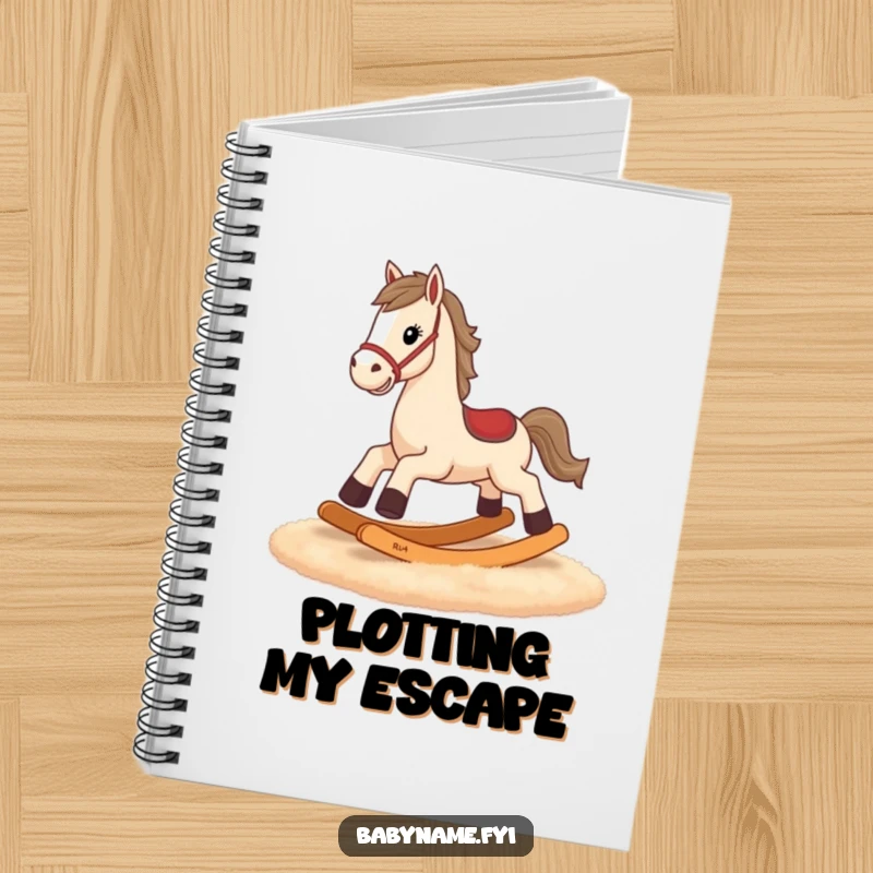 Funny rocking horse notebook, journal with tiny legs galloping, encouraging perseverance and humor in writing.