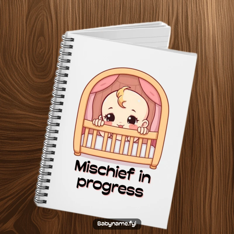 Funny notebook with a mischievous baby character peeking from a crib. Ideal for capturing playful thoughts.