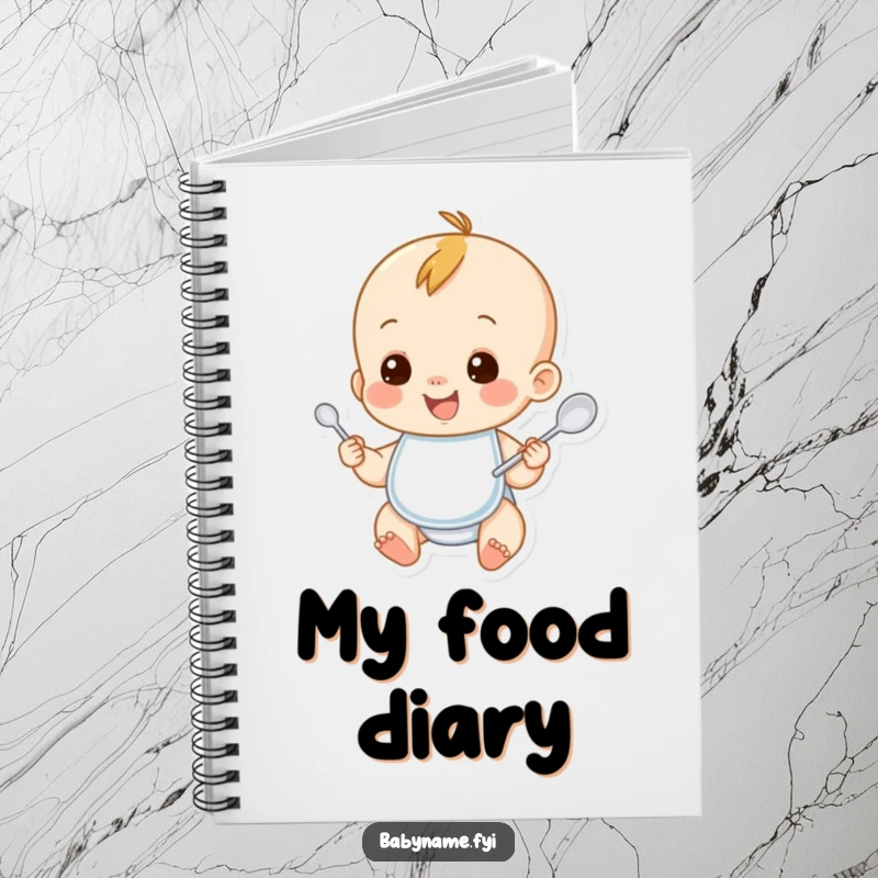 Funny baby notebook with a smiling baby character wearing a bib and holding a spoon. A charming and humorous stationery item for parents.