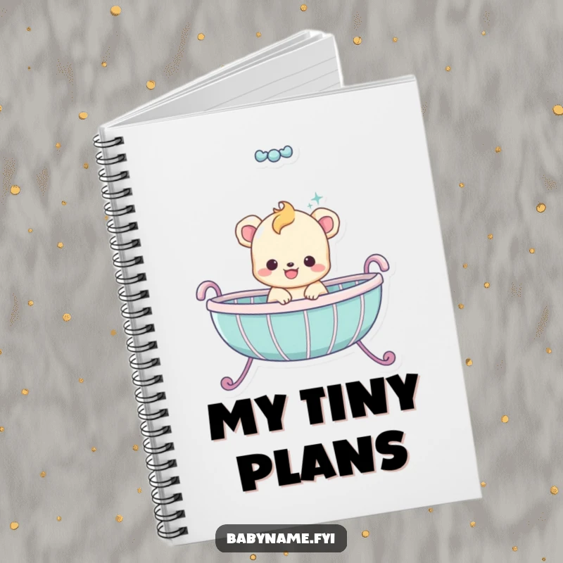 Funny baby animal character bouncing energetically inside a cradle, ready for note-taking, a delightful funny notebook.