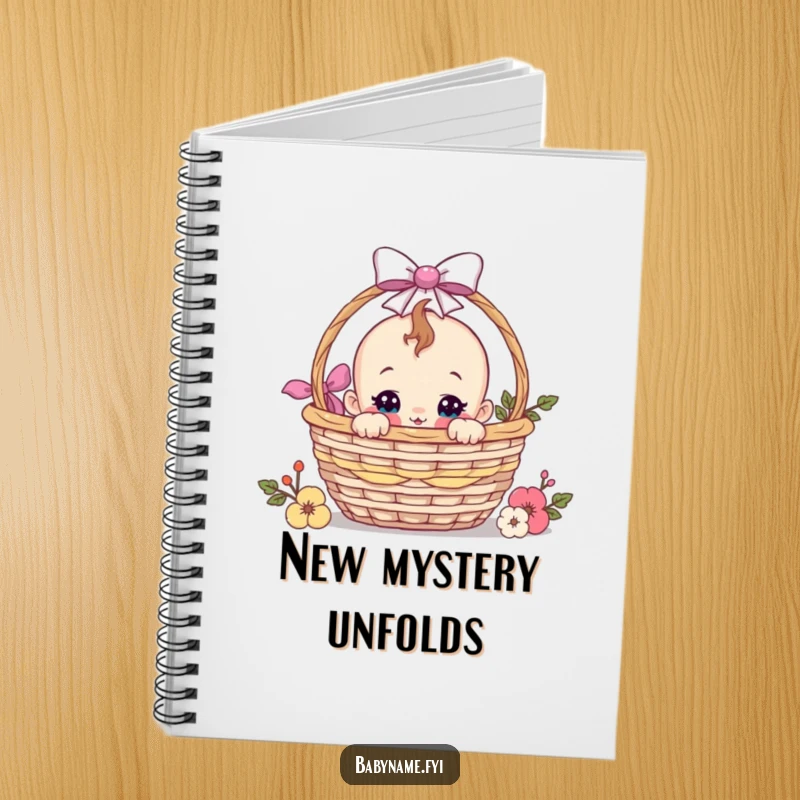 Funny baby peeking from a gift basket on a notebook cover, perfect for jotting down thoughts with humorous curiosity.