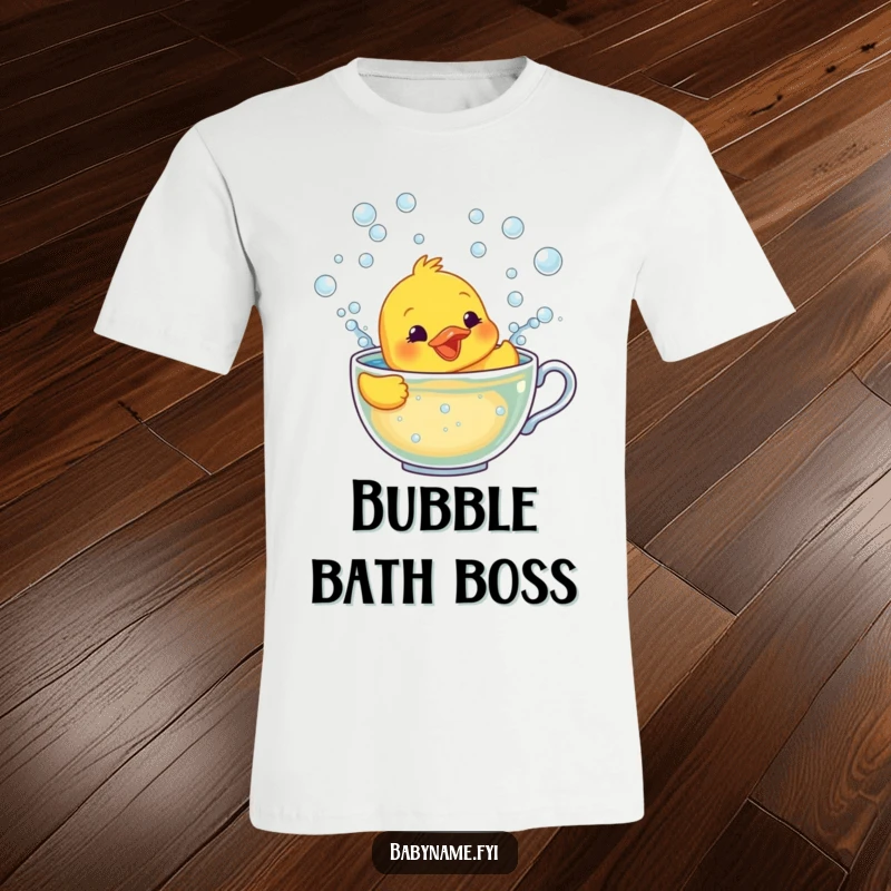Funny t-shirt depicting a smiling rubber ducky character frantically swimming amidst a sea of bubbles inside a teacup.