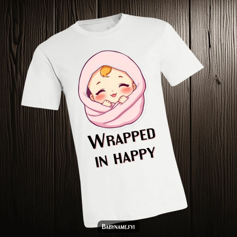 Funny t-shirt with a content baby wrapped in a blanket, smiling softly. Comfy and sweet design.