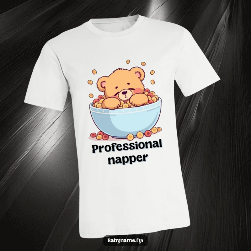 Funny t-shirt depicting a chubby teddy bear attempting to doze off, nestled comfortably inside a massive, overflowing bowl of cereal.