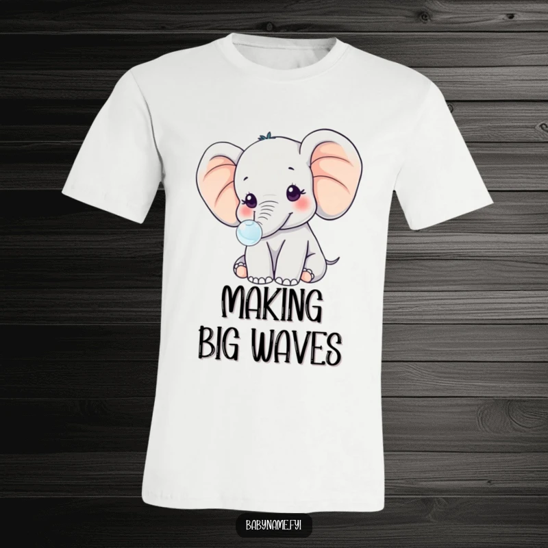 Funny kawaii baby elephant, with comically oversized ears, blowing a small, shimmering bubble, looking utterly charming on this t-shirt.