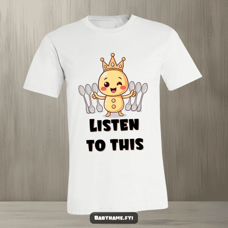 Funny T-Shirt: A crowned rattle energetically conducting spoons, showcasing a whimsical and funny musical passion.