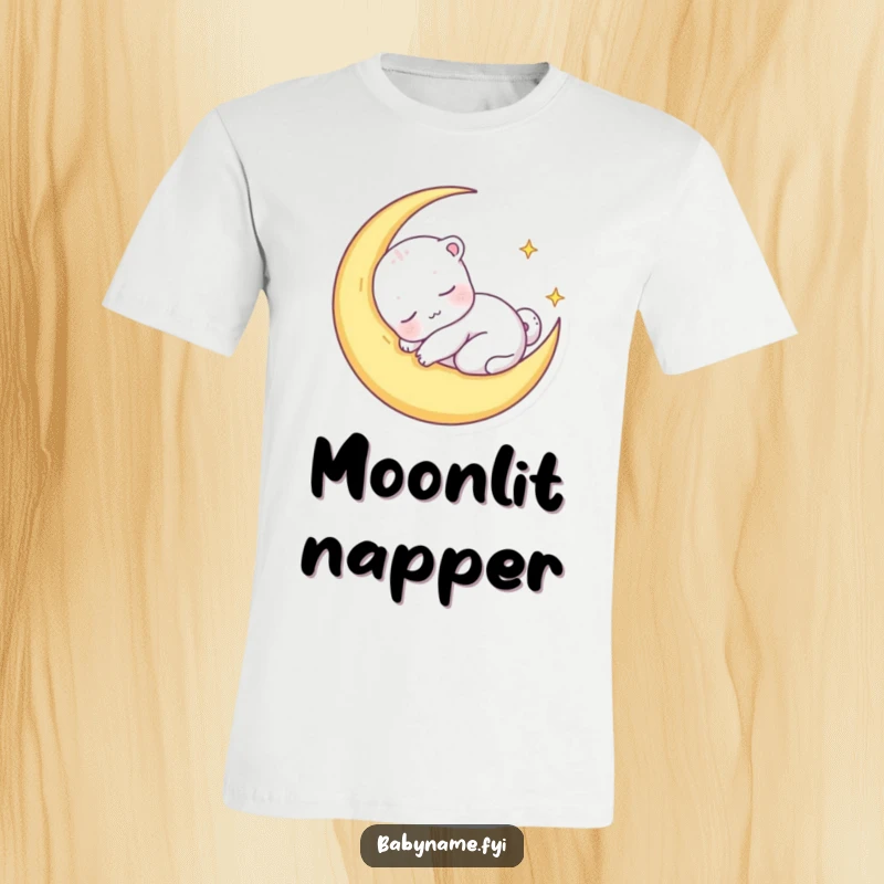 Funny t-shirt graphic of a content baby animal character fast asleep, nestled cozily inside a soft crescent moon, promoting peaceful dreams.