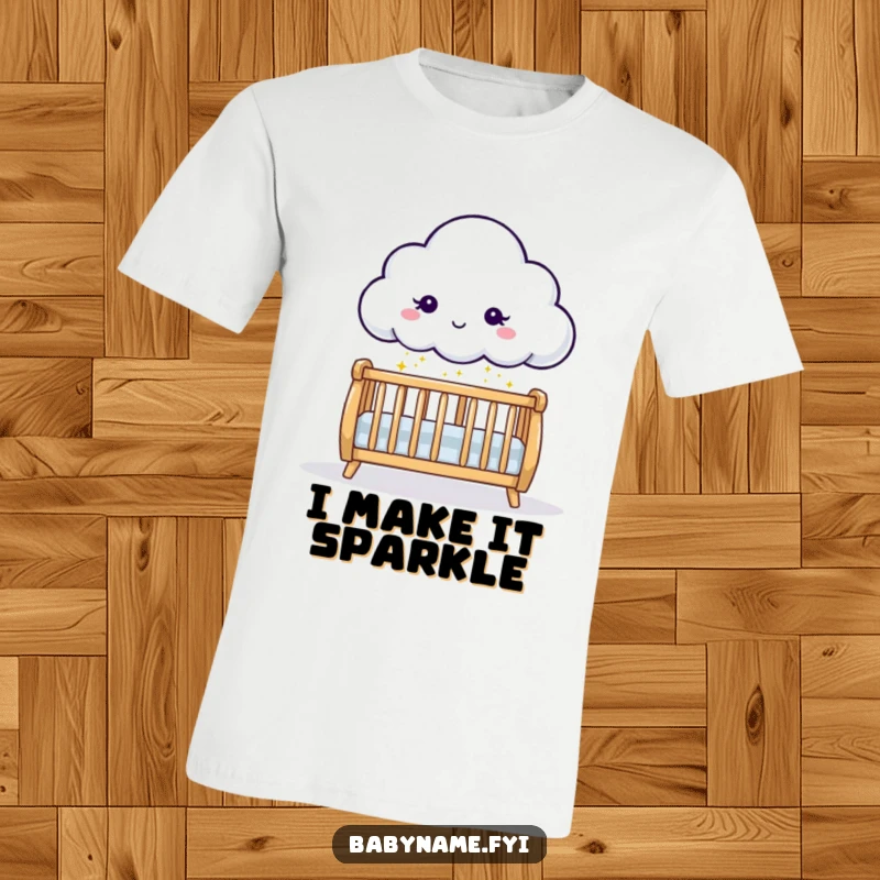 Funny playful cloud character sprinkling gentle sparkles onto a crib, depicted on a soft t-shirt for a cute baby gift.
