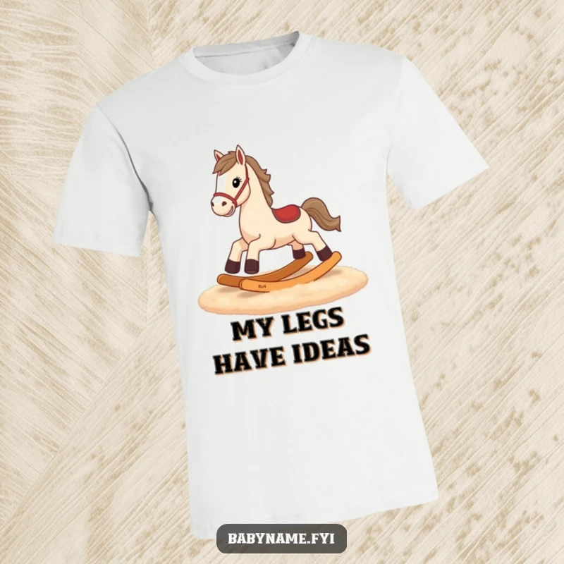 Funny rocking horse t-shirt, determined tiny legs galloping on a rug, capturing effort and amusement.