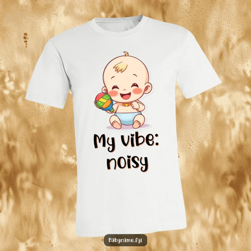 Funny t-shirt with a happy baby character joyfully shaking a colorful rattle. A wearable dose of happiness.