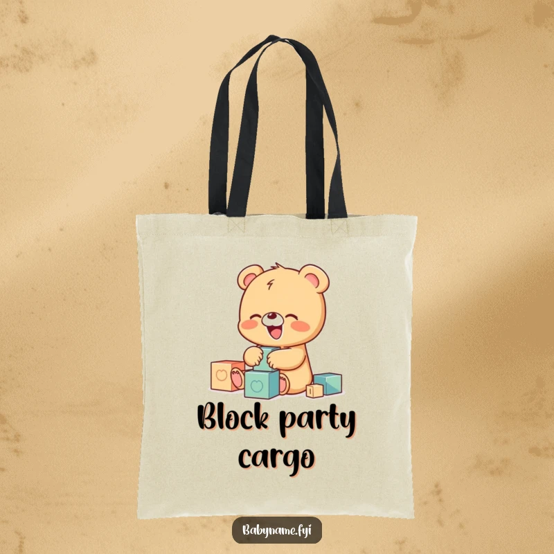 Funny tote bag displaying a tiny baby bear character giggling while playing with colorful building blocks, a charming and humorous accessory.