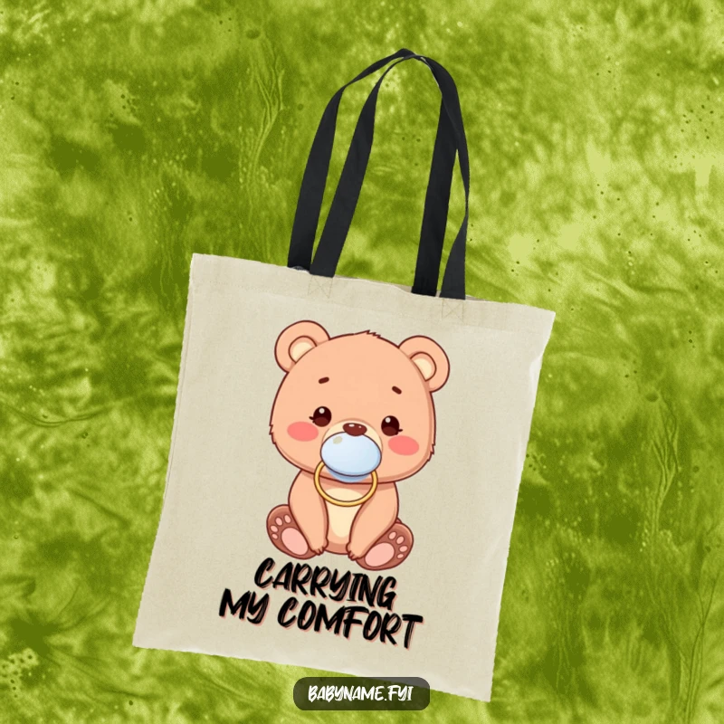 Funny Tote Bag showcasing a super cute baby bear cub wearing a pacifier, a charming and practical accessory.