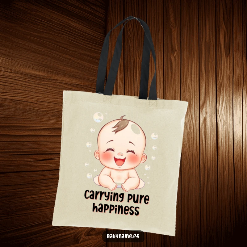 Funny tote bag featuring a happy baby giggling amongst bath bubbles, ideal for carrying kids’ essentials.