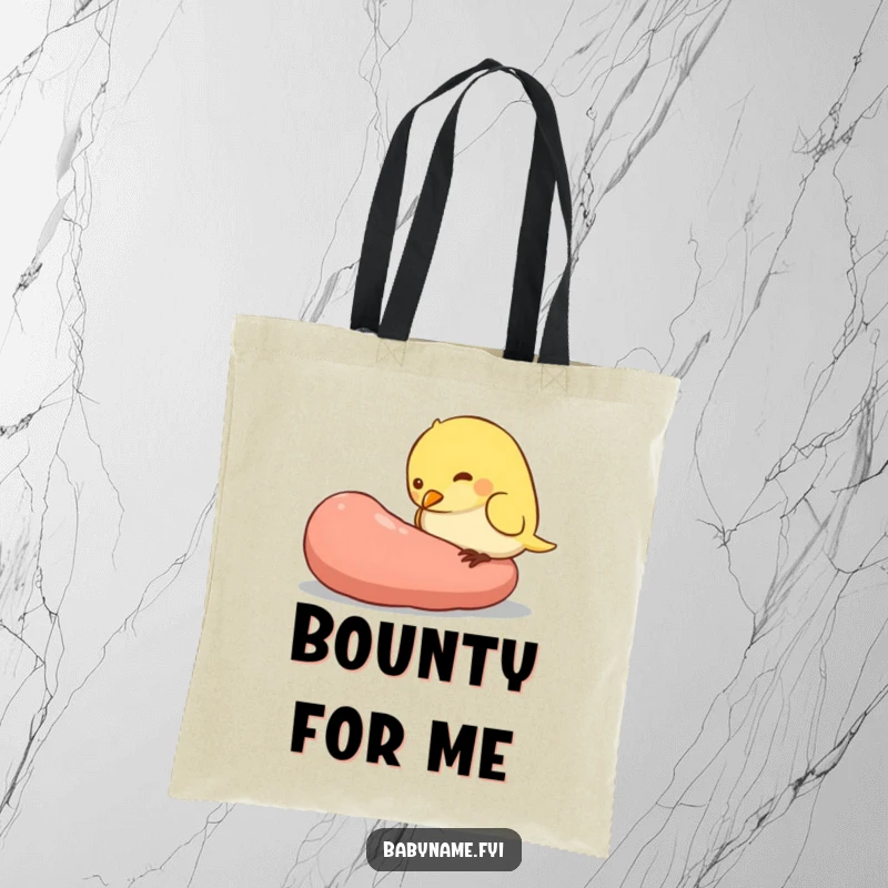 Funny tote bag displaying a plump baby bird character pecking at a huge worm, perfect for carrying groceries or daily necessities with humor.