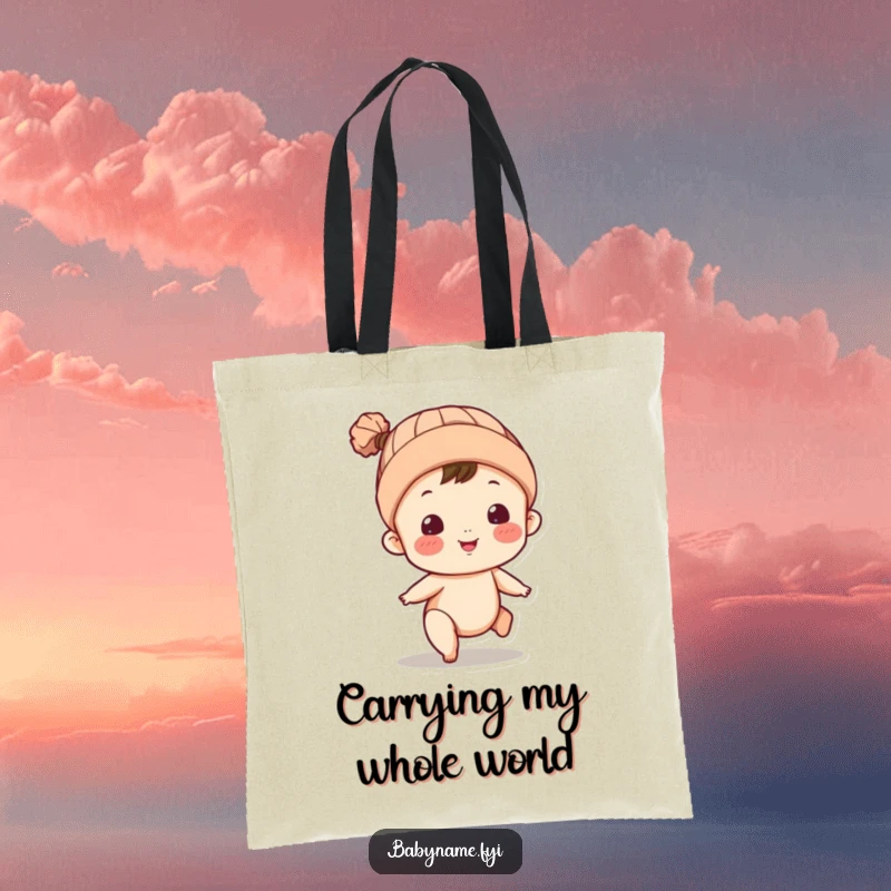 Funny tote bag featuring a baby character in a knitted cap, hilariously kicking legs. Practical and amusing accessory.