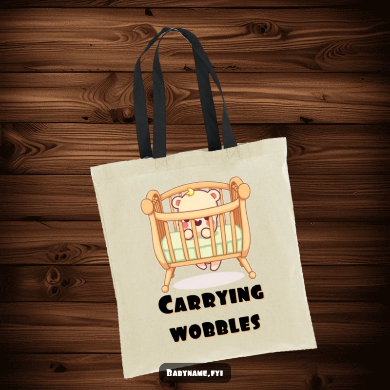 Funny tote bag featuring a wobbly crib railing, symbolizing the endearing chaos and humor of life with a baby.