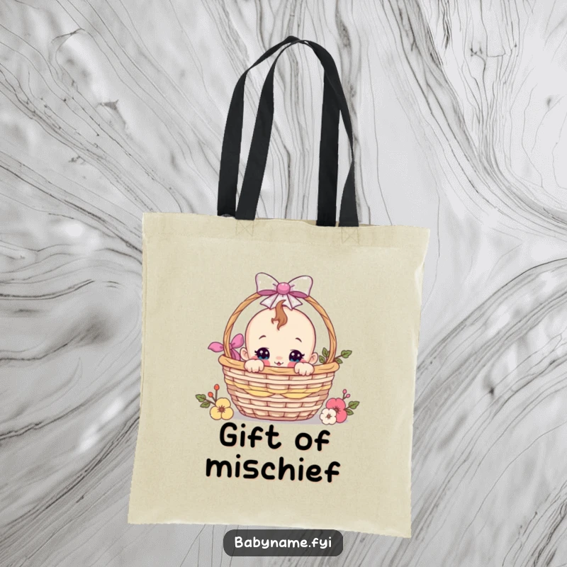 Funny baby peeking from a gift basket design on a durable tote bag, ideal for carrying essentials with humorous charm.
