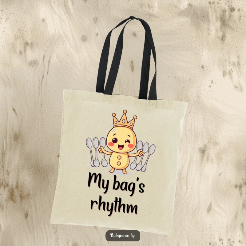 Funny Tote Bag: A crowned rattle conducting spoons with gusto, a humorous and practical accessory.