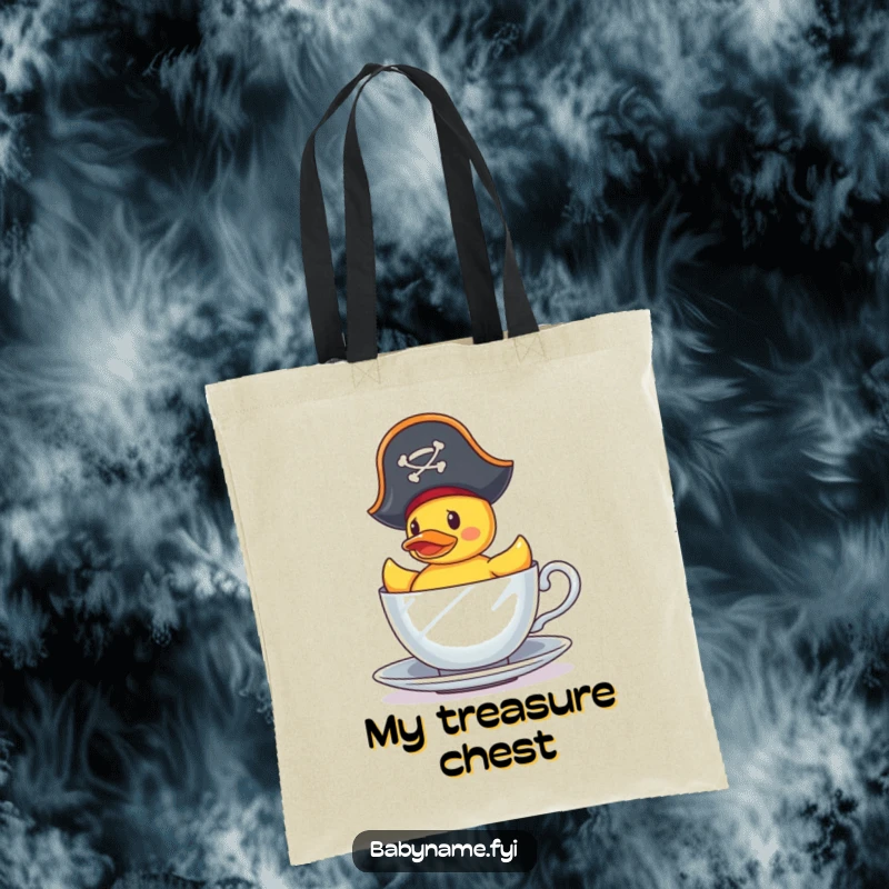 Funny Tote Bag: A tiny pirate rubber duck bravely sails in a teacup, ready to carry your essentials on any humorous adventure.